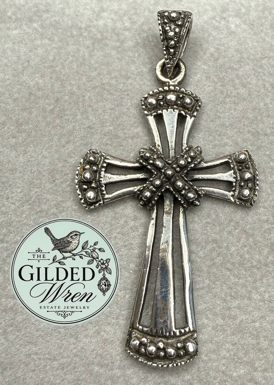 925 Sterling Silver Ornate Cross Pendant 2” Beaded Openwork Religious Charm